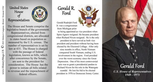 Gerald Ford, US House of Representatives biographical history mug tri-panel.