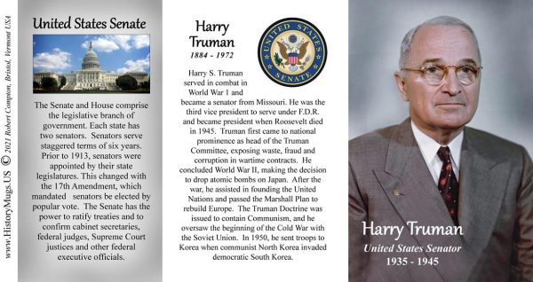 Harry Truman, US Senator biographical history mug tri-panel.