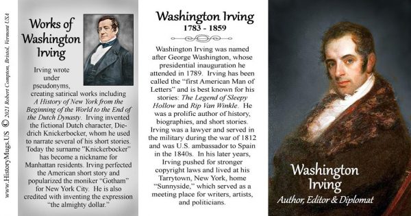 Washington Irving, American author biographical history mug tri-panel.