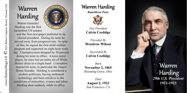 Warren Harding, US President biographical history mug tri-panel.