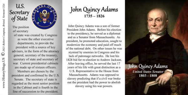 John Quincy Adams, US Senator biographical history mug. tri-panel.