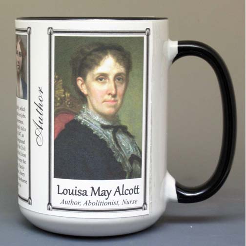 Louisa May Alcott, American author biographical history mug.