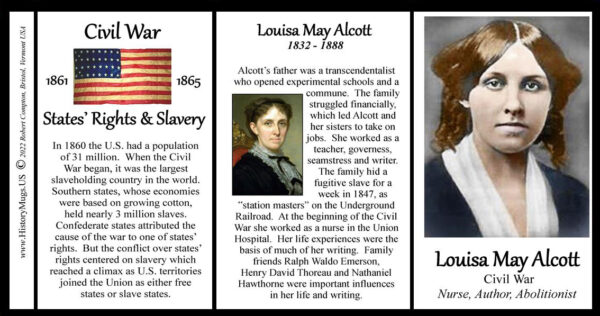 Louisa May Alcott, Civil War biographical history mug tri-panel.