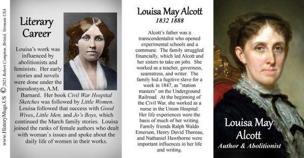 Louisa May Alcott, author and abolitionist biographical history mug tri-panel.