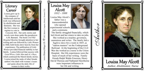 Louisa May Alcott, American author and abolitionist biographical history mug tri-panel.