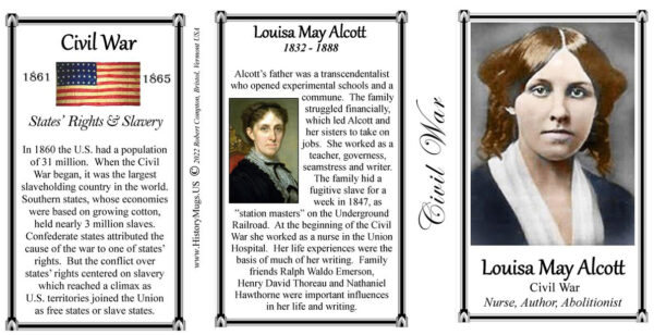 Louisa May Alcott, Civil War biographical history mug tri-panel.