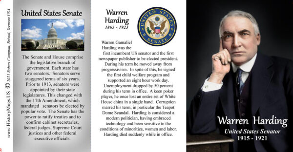 Warren Harding, US Senator biographical history mug tri-panel.