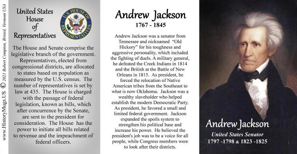 Andrew Jackson, US Senator biographical history mug tri-panel.