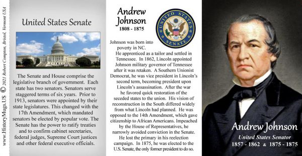 Andrew Johnson, US Senator biographical history mug tri-panel.