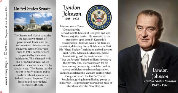 Lyndon B. Johnson, US Senator biographical history mug tri-panel.