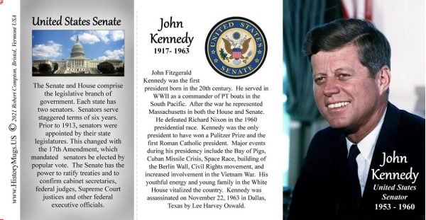 John F. Kennedy, US Senator biographical history mug tri-panel.