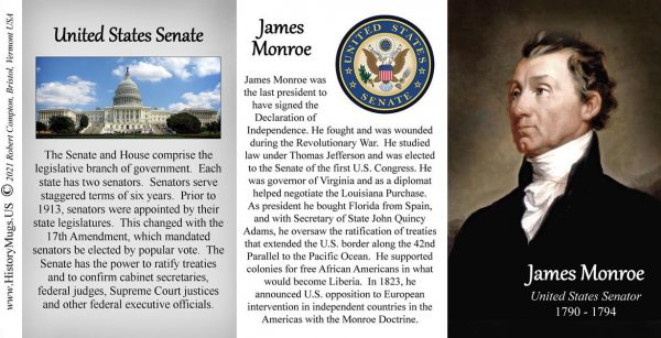 James Monroe, US Senator biographical history mug tri-panel.
