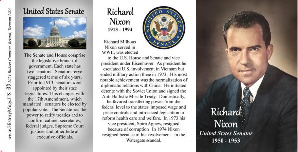 Richard Nixon, US Senator biographical history mug tri-panel.