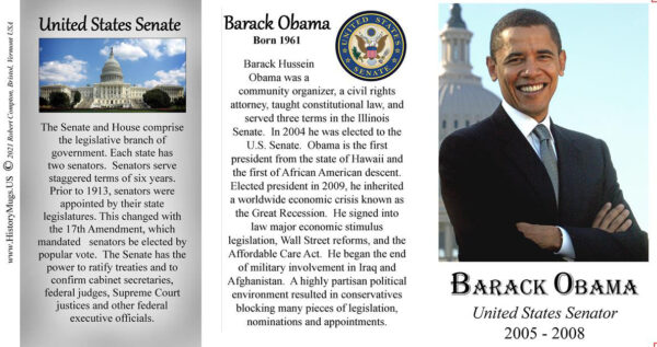 US Senator Barack Obama biographical history mug tri-panel.