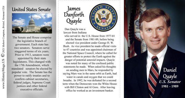 Dan Quayle, US Senator biographical history mug tri-panel.