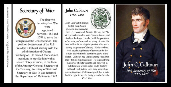 John C. Calhoun, US Secretary of War biographical history mug tri-panel.