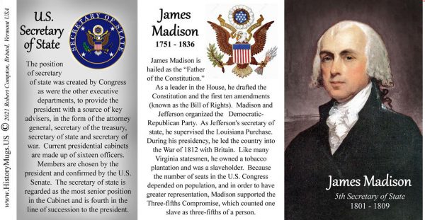 James Madison, US Secretary of State biographical history mug tri-panel.