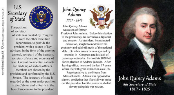 John Quincy Adams, US Secretary of State biographical history mug tri-panel.