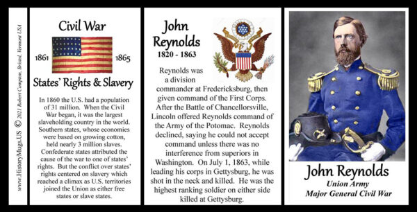 Major John Reynolds, Union Army, US Civil War biographical history mug tri-panel.
