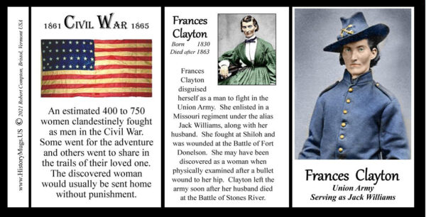 Frances Clayton, Union Army, US Civil War biographical history mug tri-panel.