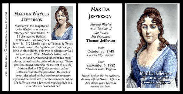 Martha Jefferson, wife of Thomas Jefferson, biographical history mug tri-panel.