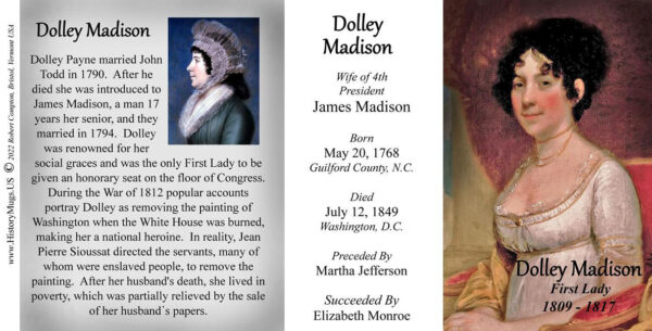 Dolley Madison, US First Lady biographical history mug tri-panel.