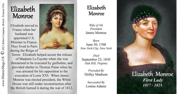 Elizabeth Monroe, US First Lady biographical history mug tri-panel.