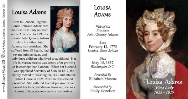 Louisa Adams, US First Lady biographical history mug tri-panel.