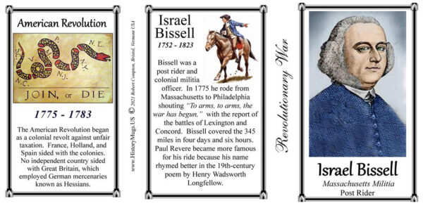 Israel Bissell, Revolutionary War biographical history mug tri-panel.