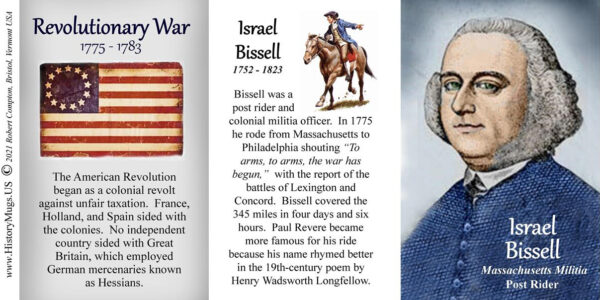 Israel Bissell, American Revolutionary War biographical history mug tri-panel.