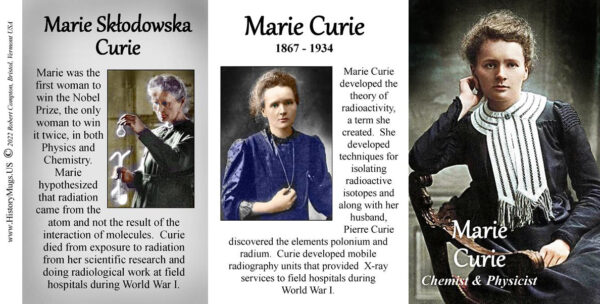 Marie Curie, science & inventions biographical history mug tri-panel.