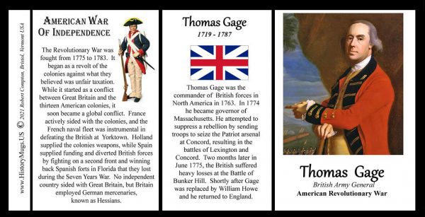 Thomas Gage, American Revolutionary War biographical history mug tri-panel.