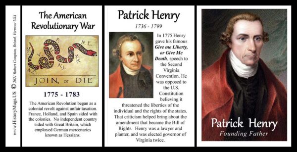 Patrick Henry, American Revolutionary War biographical history mug tri-panel.