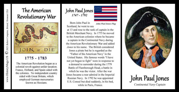 John Paul Jones, American Revolutionary War biographical history mug tri-panel.
