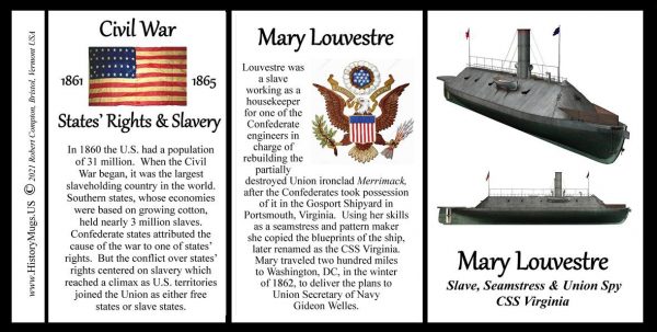 Mary Louvestre, freedom seeker, seamstress, and Union spy biographical history mug tri-panel.