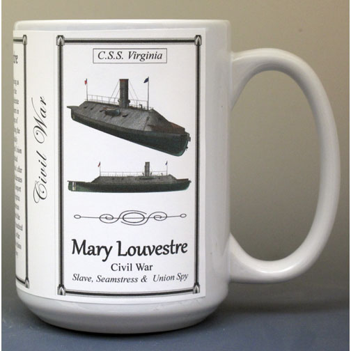 Mary Louvestre, freedom seeker, seamstress, and Union spy biographical history mug.