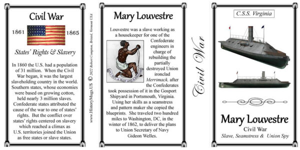 Mary Louvestre, freedom seeker, seamstress, and Union spy biographical history mug tri-panel.