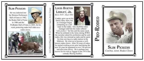 Slim Pickens, cowboy, actor, and rodeo clown biographical history mug tri-panel.