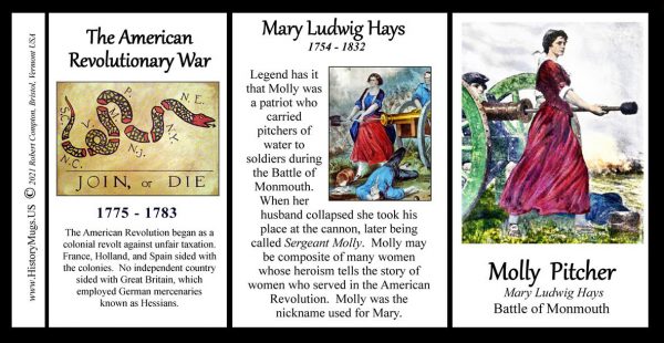 Molly Pitcher, American Revolutionary War biographical history mug tri-panel.