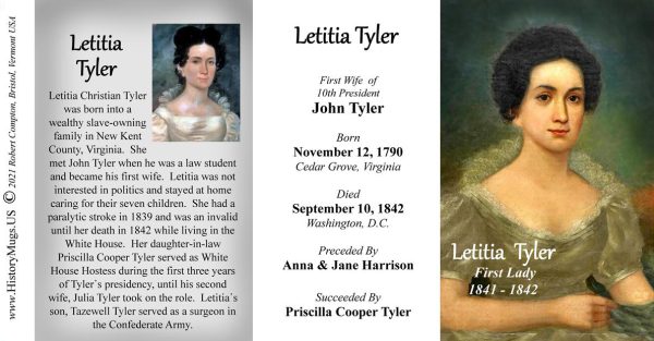 Letitia Tyler, US First Lady biographical history mug tri-panel.