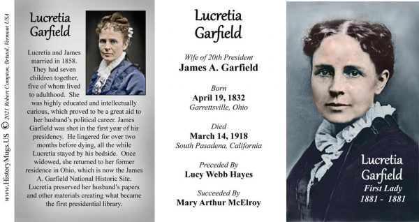Lucretia Garfield, US First Lady biographical history mug tri-panel.