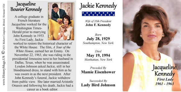 Jacqueline Kennedy US First Lady biographical history mug tri-panel.