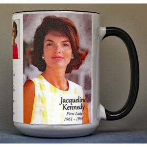 Jacqueline Kennedy US First Lady biographical history mug.