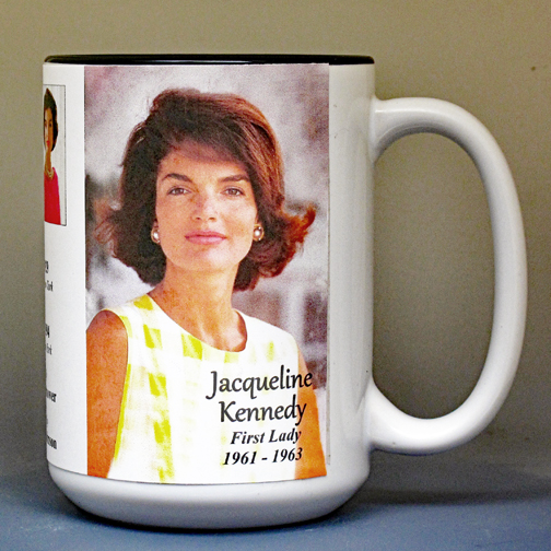 Jacqueline Kennedy, US First Lady biographical history mug.