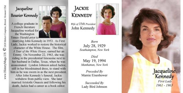 Jacqueline Kennedy, US First Lady biographical history mug tri-panel.