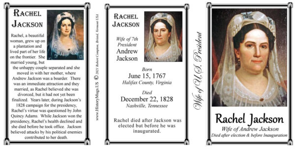 Rachel Jackson, US First Lady biographical history mug tri-panel.