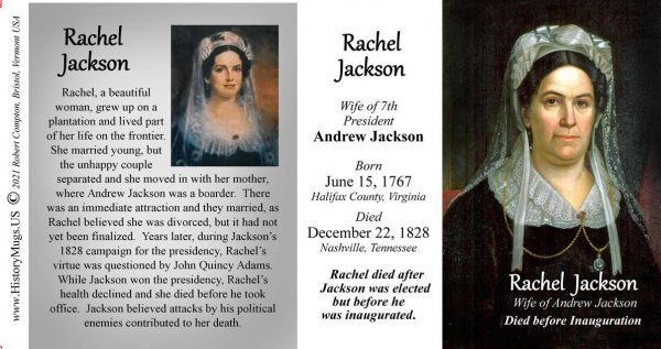 Rachel Jackson, US First Lady biographical history mug tri-panel.