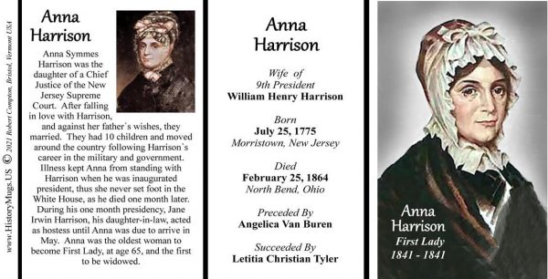 Anna Harrison, US First Lady biographical history mug tri-panel.