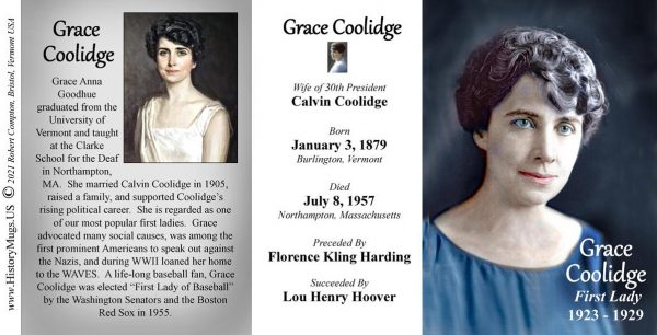 Grace Coolidge, US First Lady biographical history mug tri-panel.