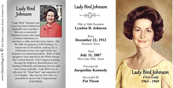 Lady Bird Johnson, US First Lady biographical history mug tri-panel.